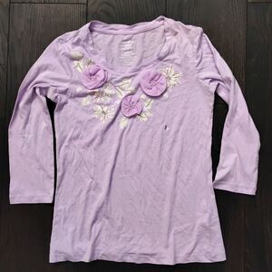 New Women’s IZOD Light Purple Size XS Cotton Long Sleeve T-Shirt Flowers
